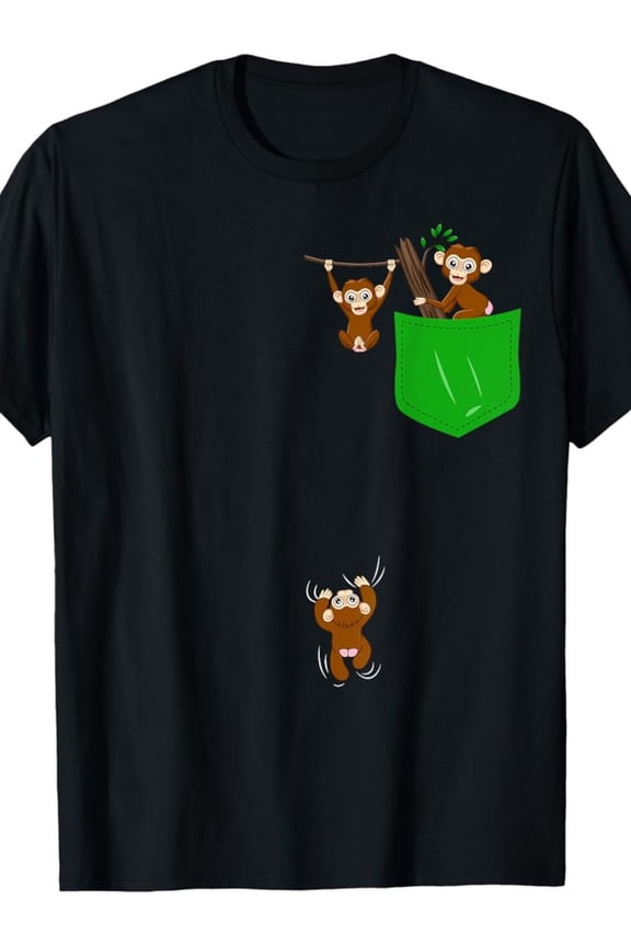 Vintage Style Cotton T-Shirt, 100% Made in USA, Cute Monkey Pocket Design, All-Season Crew Neck Short Sleeve Tee for Men, Everyday Youngsters Clothing|Playful Monkey Design|Glossy Fabric Finish
