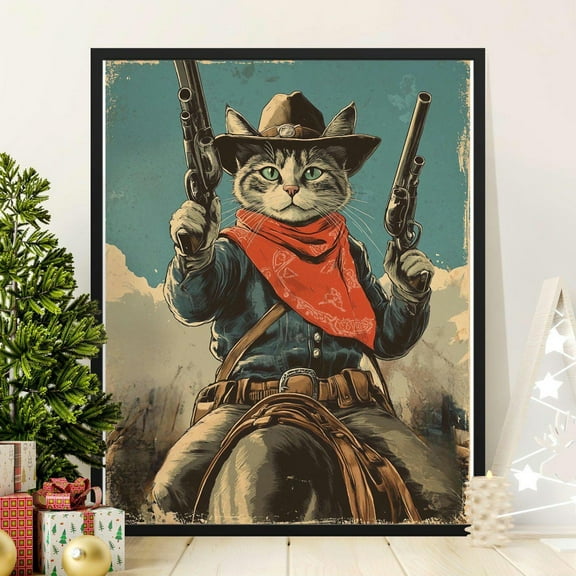 Vintage Style Cowboy Cat Poster, Funny Cat Art Print, Western Theme Wall Decor, Cat Lover Gift, Unique Animal Poster, Rustic Home Decor, 8x12
