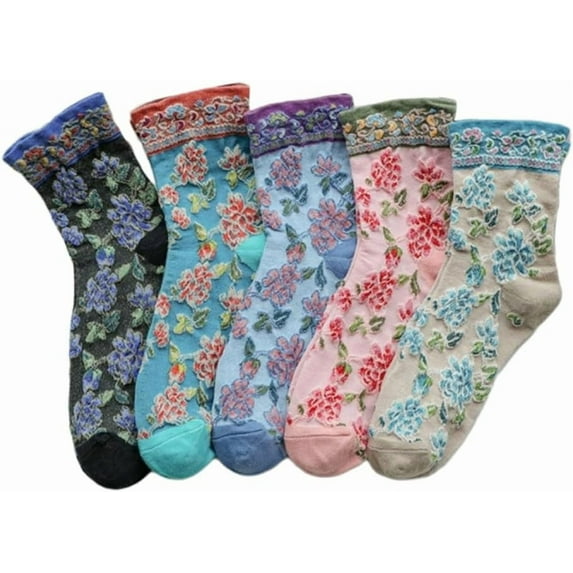 Vintage Style Crew Socks with Cute Floral Cuff for Women