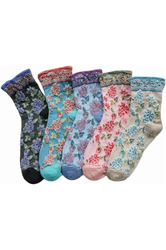 Vintage Style Crew Socks with Cute Floral Cuff for Women