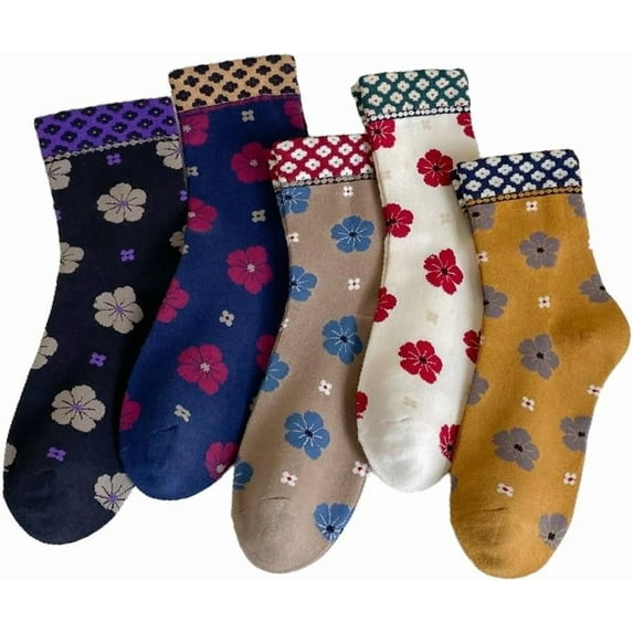 Vintage Style Crew Socks with Cute Floral Cuff for Women