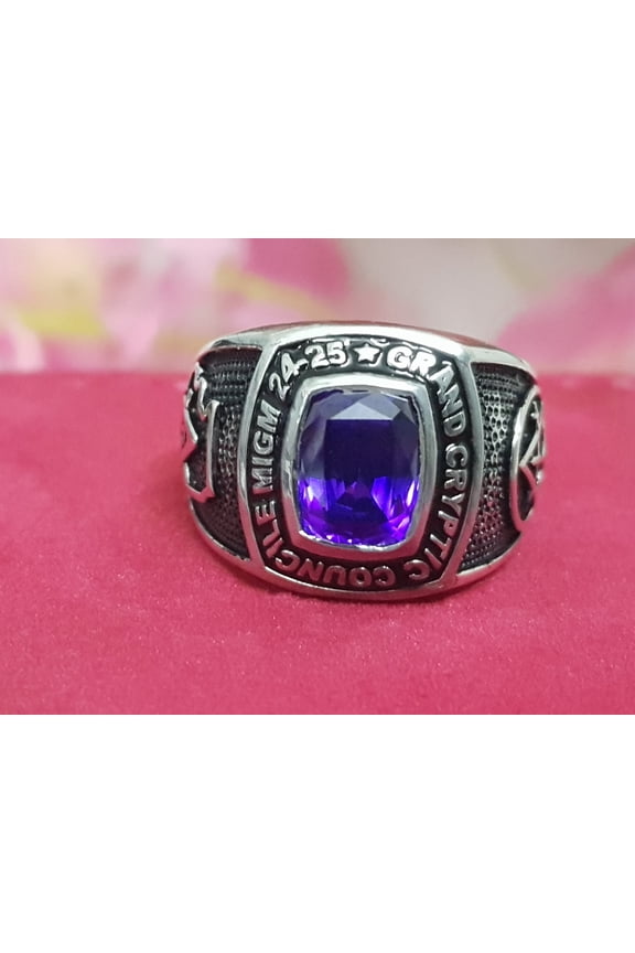 Personalized Purple Cushion Cut Customized Engraving Name,Year,And Logo Looking Elegant For Men's High School Class Ring 925 Sterling Silver