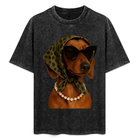 Vintage Style Dachshund with Sunglasses and Polka Dot Bandana Graphic T-Shirt Soft Cotton Tee for Dog Lovers and Fashion Fans