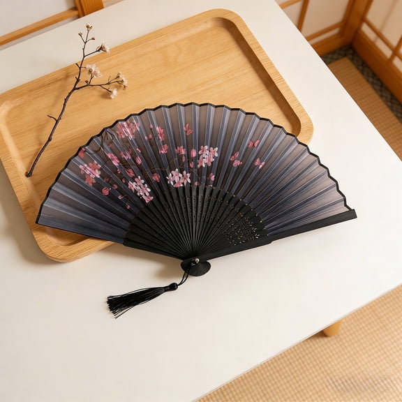 Vintage Style Decorative Folding Fan, Sturdy Bamboo Frame Silk Cloth Surface, Beautiful Tassel Pendant, Lightweight Portable Fan for Stage Props Wedding Ceremony and Home Ornament, 15*8.3in, C