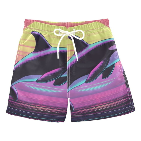 Vintage Style Dolphin Boys Swim Trunks Quick Dry Boy Swim Shorts for 3-14 Years