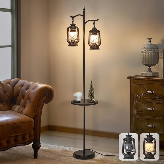 Vintage Style Double Head Floor Lamp with Integrated Side Table, Rustic Black Brown Finish Standing Lantern for Living Room and Bedroom Decor