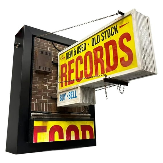 Vintage Style Double-Sided Records Store Sign, Retro Wall Decor for Music Shops, Home Bars, Man Caves, Durable Metal Construction, Eye-Catching Yellow and Red Design
