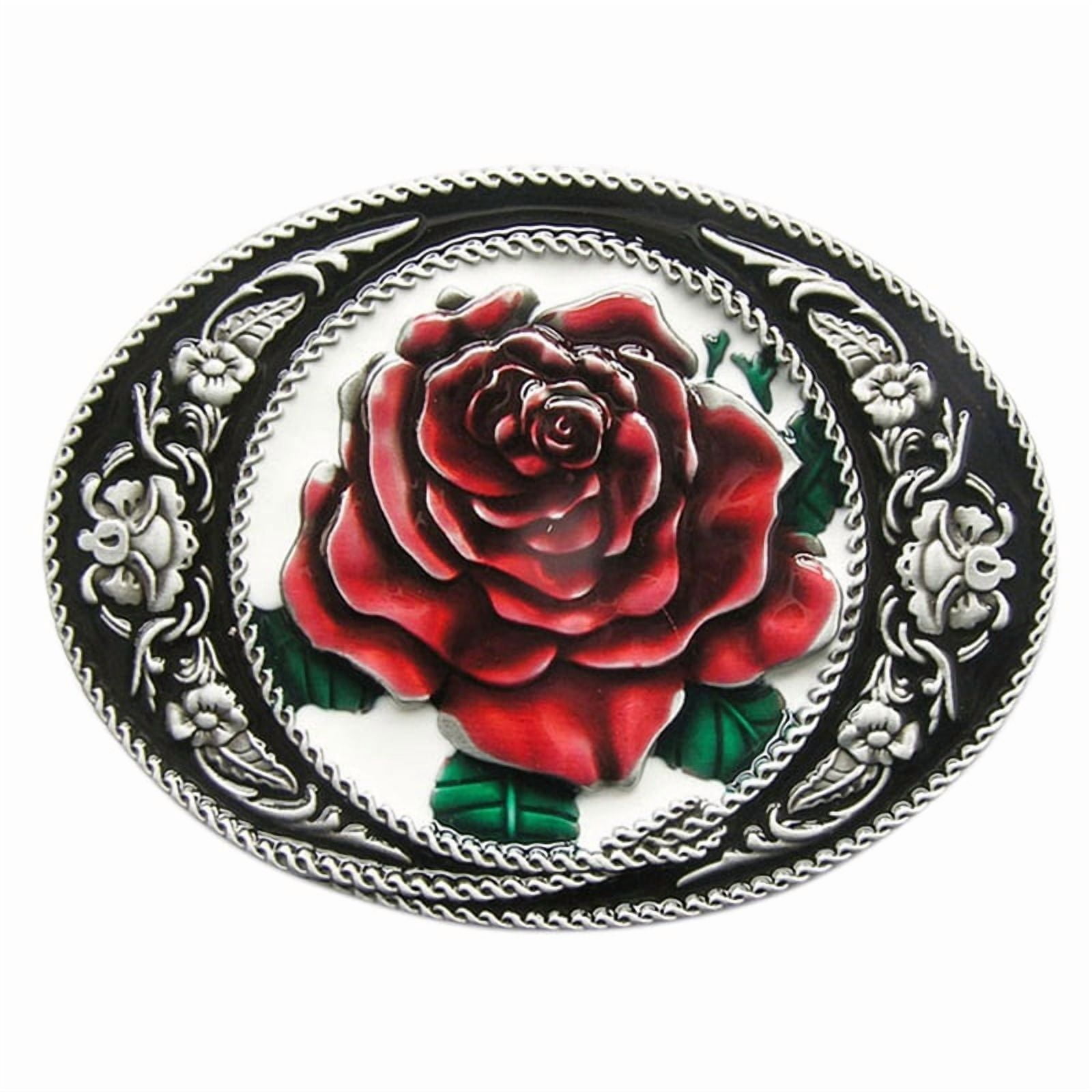 Western Oval Floral Buckle with Hand Painted Rose Belt Hand Painted Rose Belt Buckle main image 3