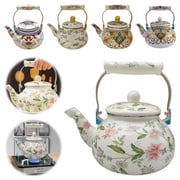 Vintage Style Enameled Tea Kettle, 84oz Teapot with Floral Pattern, Colorful Porcelain Enamel Tea Kettle, for Stovetop, Home Kitchen Decor