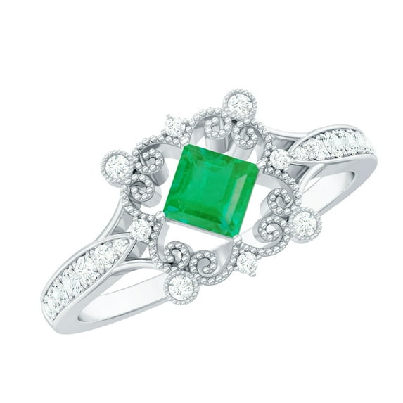 Rosec Jewels Antique Inspired Emerald Engagement Ring - AAA Quality - Emerald Diamond Ring - with Jewelry Box, 10K White Gold, US 4.50