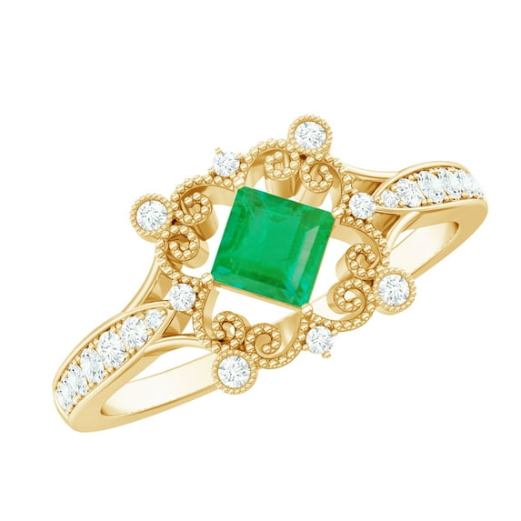 Rosec Jewels Antique Inspired Emerald Engagement Ring - AAA Quality - Emerald Diamond Ring - with Jewelry Box, 10K Yellow Gold, US 11.00