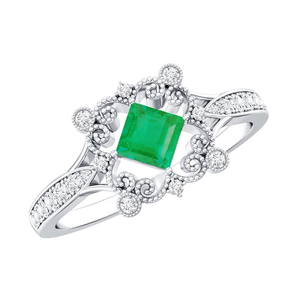 Rosec Jewels Antique Inspired Emerald Engagement Ring - AAA Quality - Emerald Diamond Ring - with Jewelry Box, 14K White Gold, US 11.00