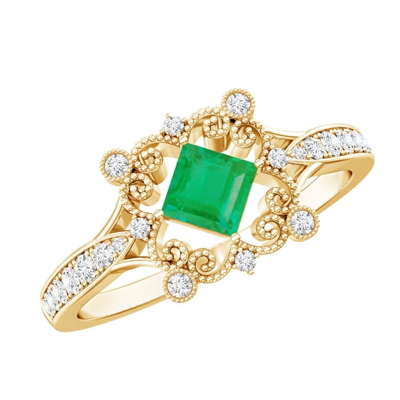 Rosec Jewels Antique Inspired Emerald Engagement Ring - AAA Quality - Emerald Diamond Ring - with Jewelry Box, 14K Yellow Gold, US 7.50