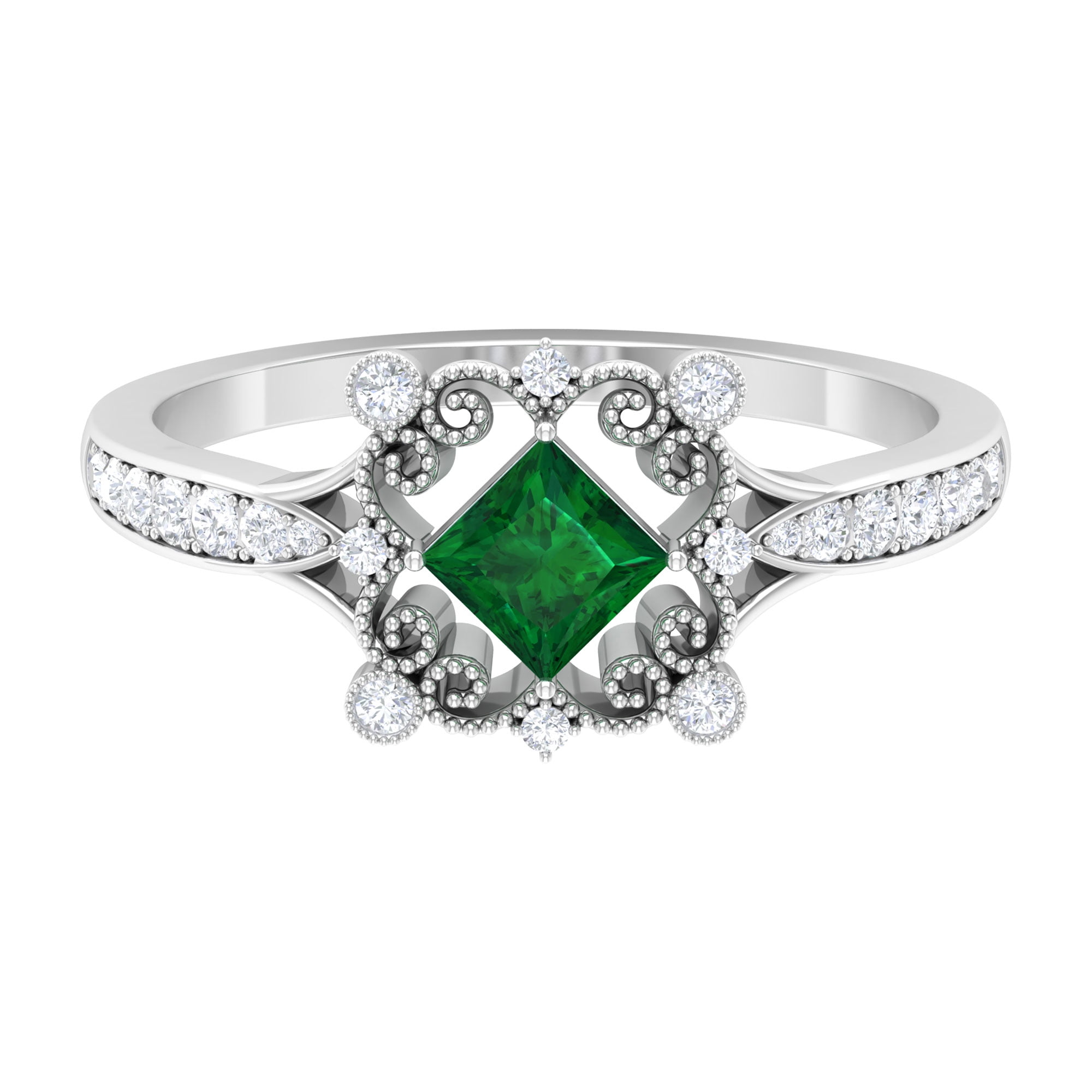 Vintage Style Engagement Ring for Women, Emerald and Diamond Ring, 18K ...
