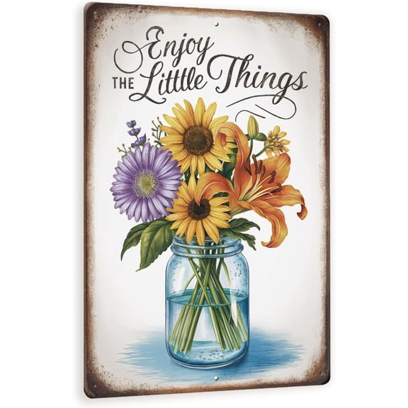 Vintage-Style "Enjoy the Little Things" Metal Sign - Elegant 8" x 12" Wall Decor with Flower Bouquet in Glass Jar
