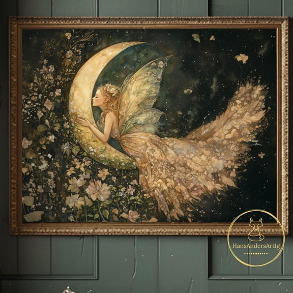 Vintage Style Fairy Poster Moon Light Whimsy Cottagecore Art Print Whimsical Fairycore, Poster Only