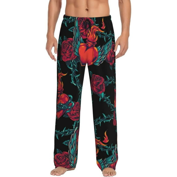 Vintage Style Fiery Hearts Rose Flowers Eagle Wings Men'S Pajama Pants Soft Sleep Lounge Pants Pjs Bottoms With Pockets Small