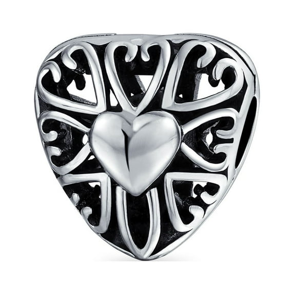 Vintage Style Filigree Cutout Multi Heart Shape Charm Bead .925 Silver