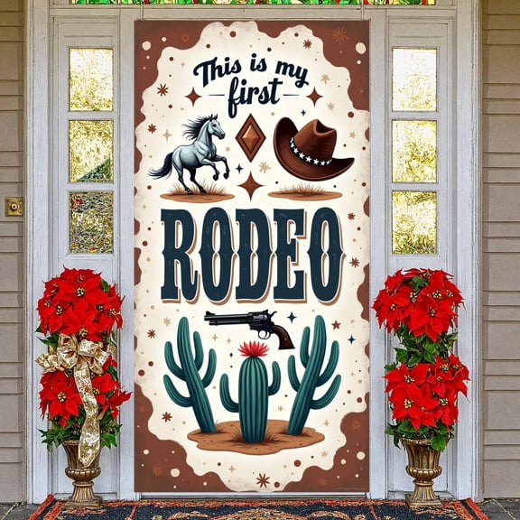 Vintage Style First Rodeo Banner Western Style Rodeo Backdrop Cactus Pattern Horse Wild West Display for Cowboy Party Western Themed Events Kids Rodeo Celebration