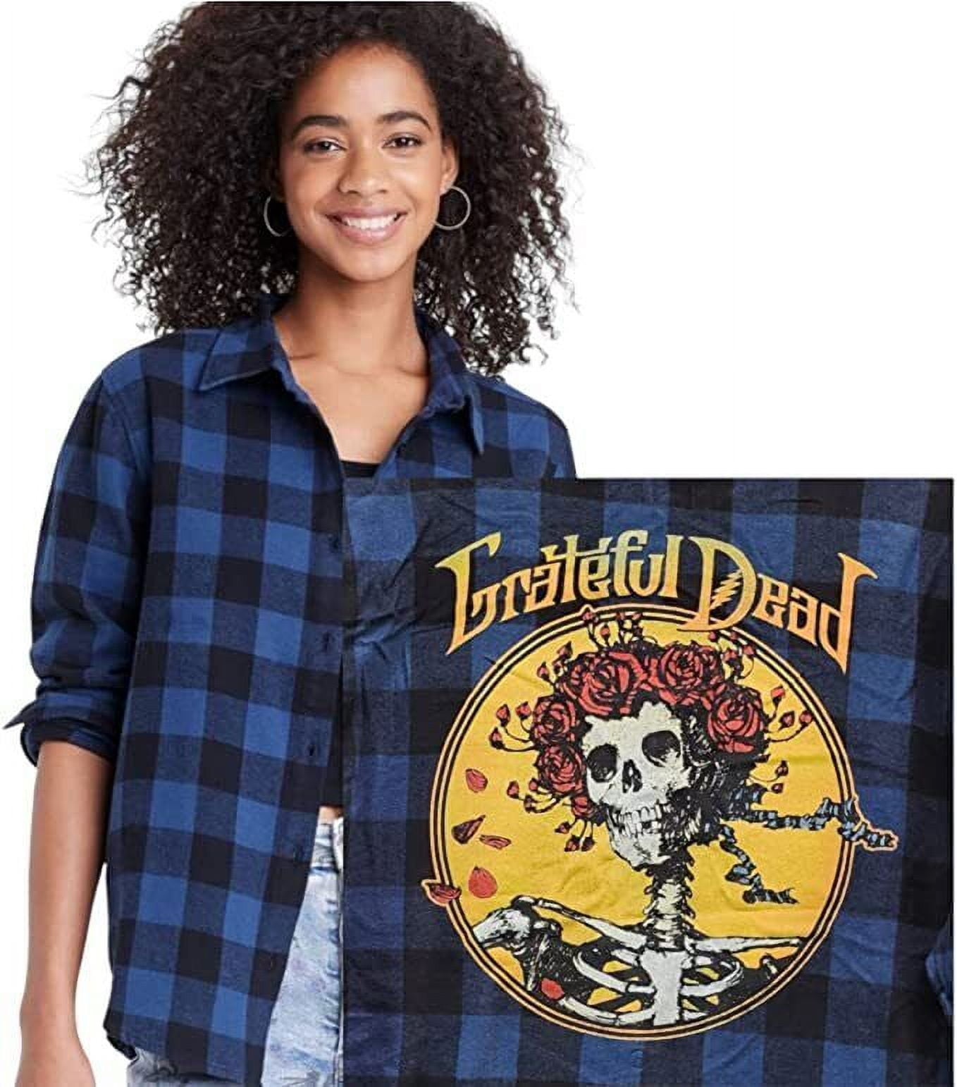 Vintage Style Flannel Shirt Grateful Dead Womens M Bertha Skull Roses Blue Plaid