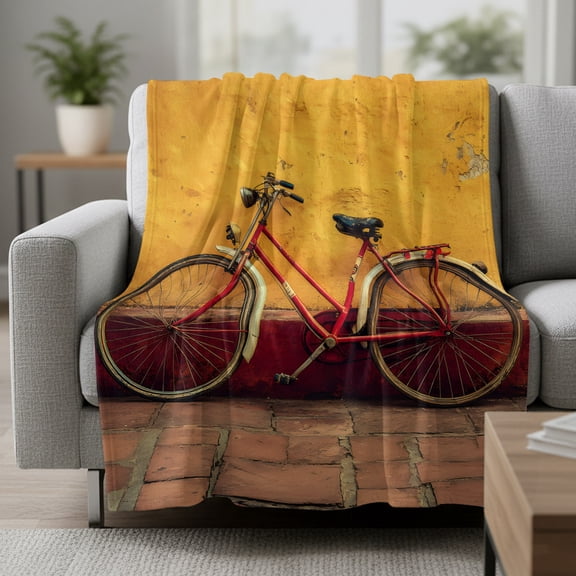 Vintage Style Fleece Throw Blanket Red Bike Yellow Broken Walls Modern Scenery Ultra Soft Fuzzy Cozy Flannel Throw Blanket for Couch Sofa Bed Car Travel, Ideal Gifts 30x40 Inches