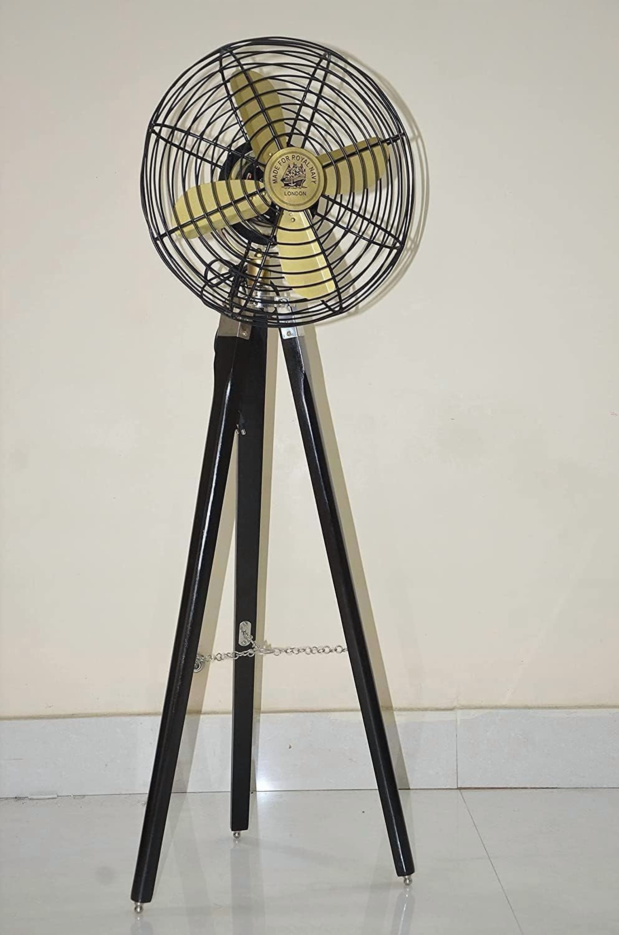 Vintage Style Floor Fan with Black Wooden Tripod Stand, Royal Navy Floor Fan Nautical Pedestal Fan Hand Made Air Circulation Fan For Home & Office Decor