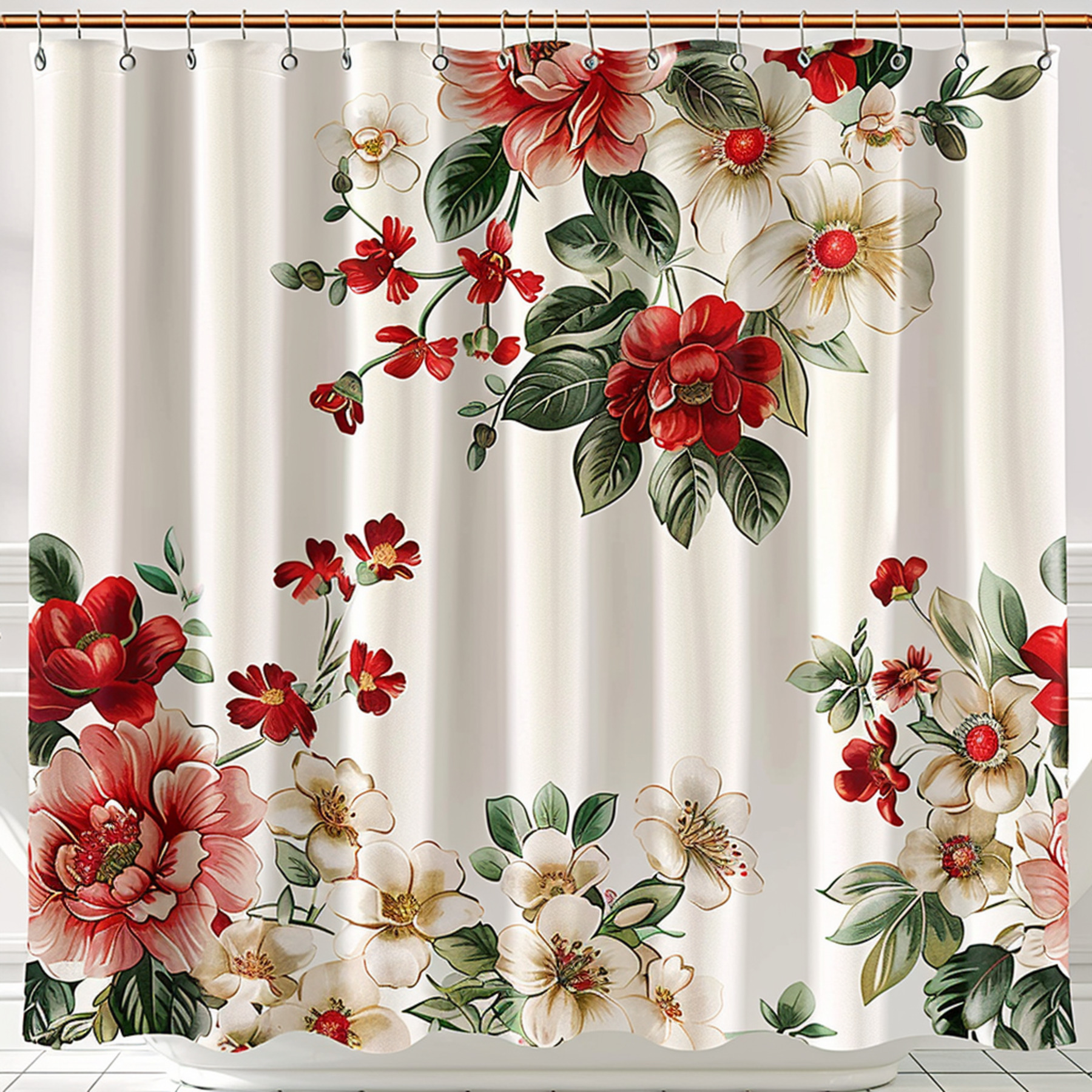 Vintage Style Floral Bathroom Curtain Red and Green Flowers on White ...