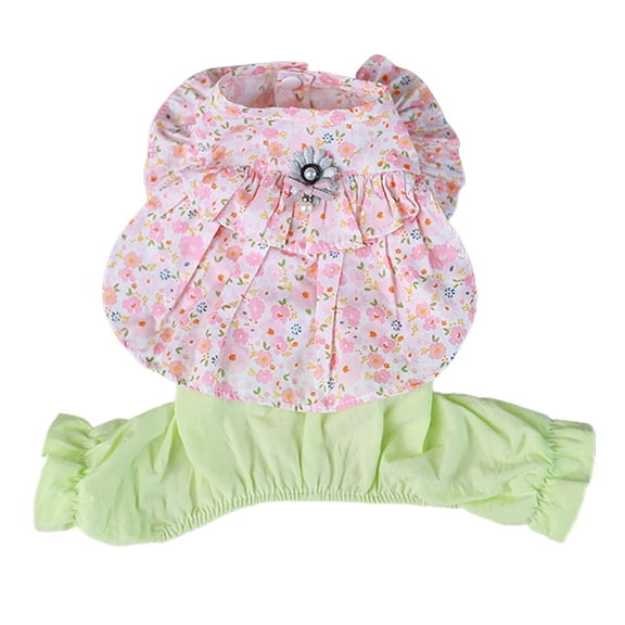 Vintage Style Floral Print Faux Pearl Summer Dog Dress - Cute Tiny Dog Clothes Outfit & Soft Two-legged Pet Onesies, Doggie Jumpsuits Cat Clothing for Female Yorkie Puppy