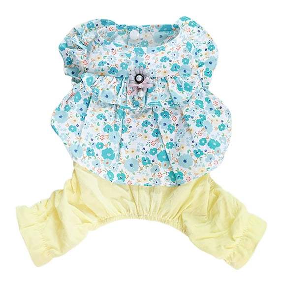 Vintage Style Floral Print Faux Pearl Summer Dog Dress - Cute Tiny Dog Clothes Outfit & Soft Two-legged Pet Onesies, Doggie Jumpsuits Cat Clothing for Female Yorkie Puppy