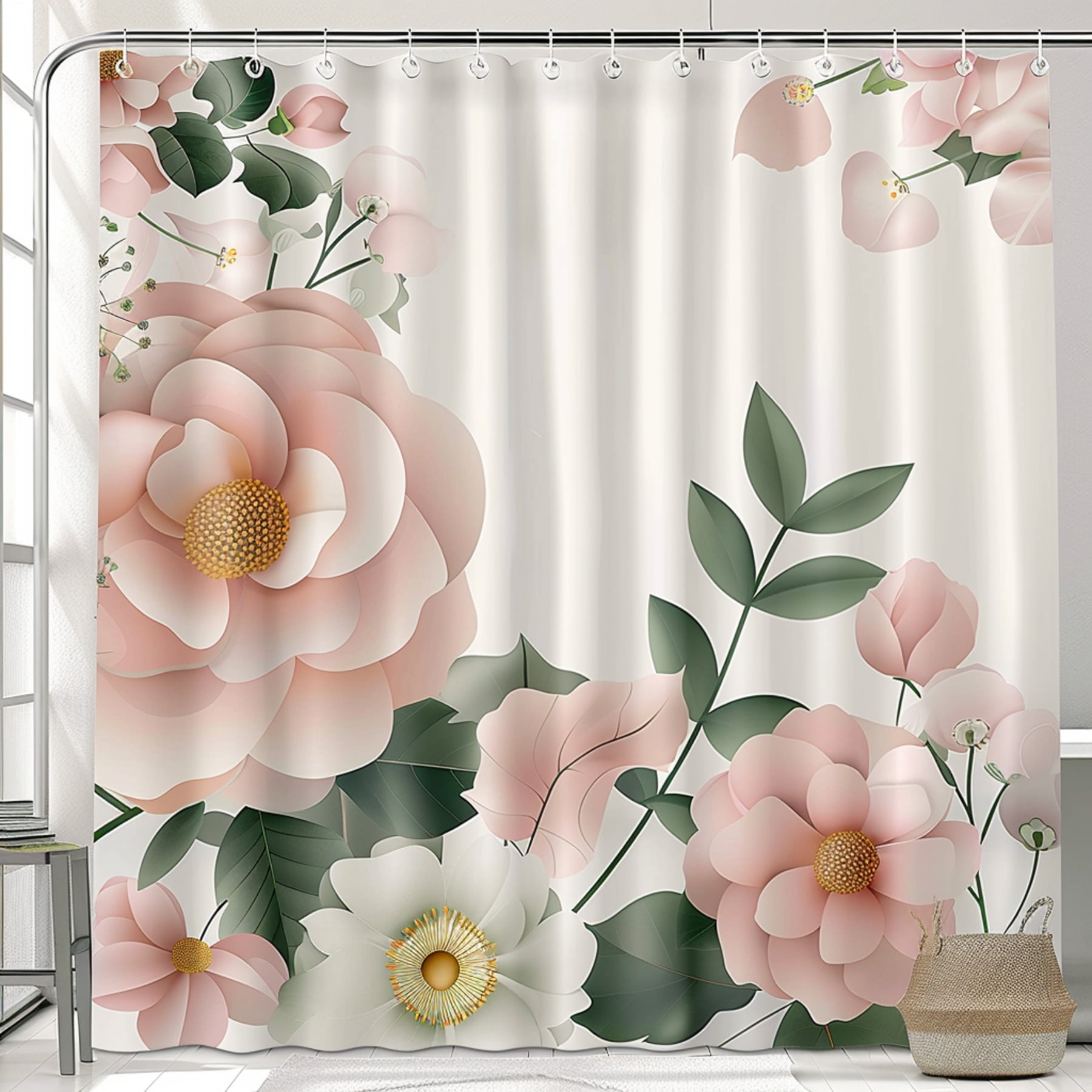 Vintage Style Floral Vector Shower Curtain in Pink and Green Pastel