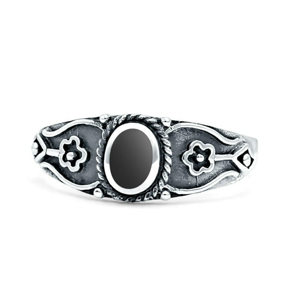 Vintage Style Flower Design Oval Fashion Black Onyx Ring Band 925 Sterling Silver Size 8