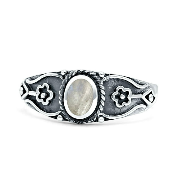 Vintage Style Flower Design Oval Fashion Moonstone Ring Band 925 Sterling Silver Size 10