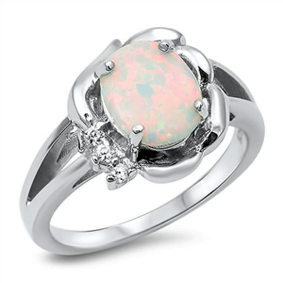 Vintage Style Flower Ring White Simulated Opal .925 Sterling Silver Band CZ Female Size 5