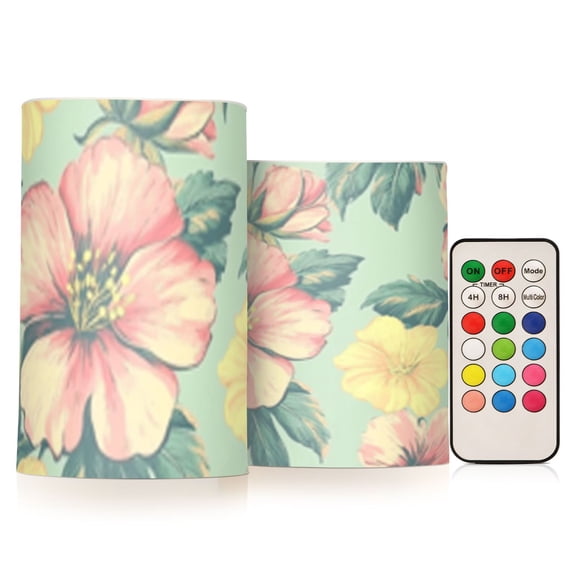 Vintage Style Flowers Flickering Flameless Candles Battery Operated with Remote Timer LED Pillar Candles Set of 2