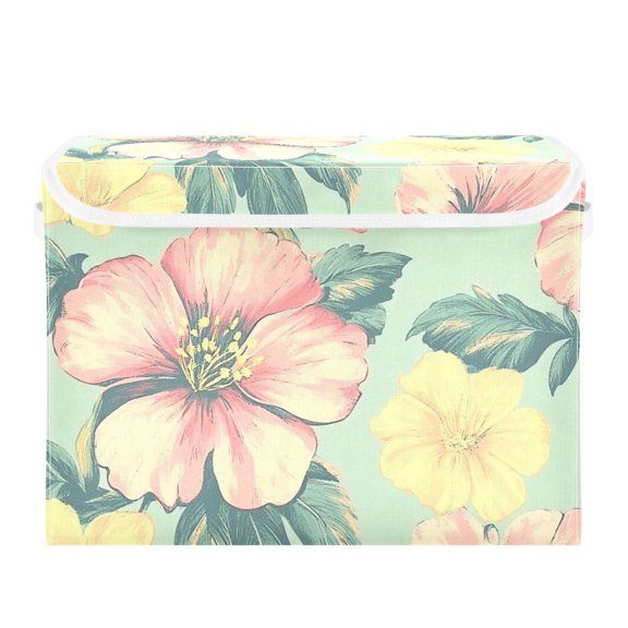 Vintage Style Flowers Large Storage Bins with Linen Collapsible Lid Storage Box 16.7 x 12.6 x 11.8in