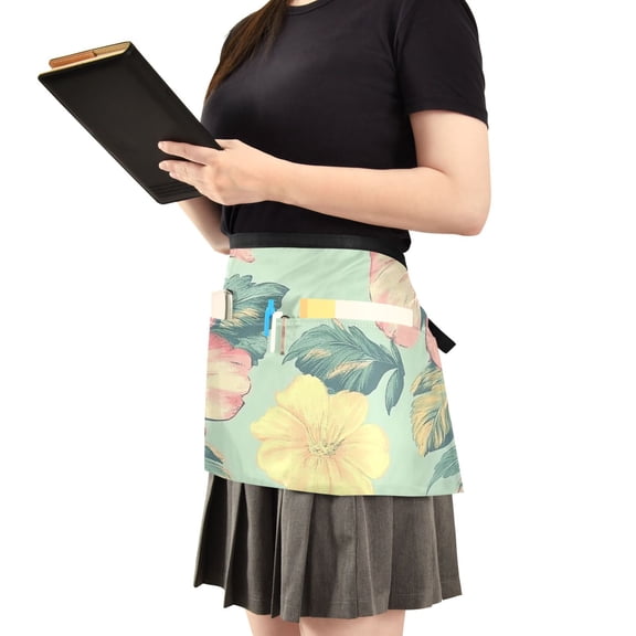 Vintage Style Flowers Server Apron with 3 Pockets Waist Apron for Waiter Waitress