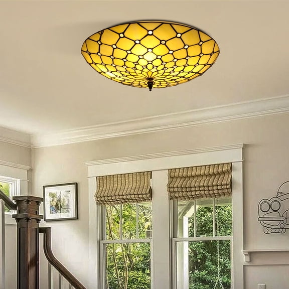 Vintage Style Flush Mount Wide Stained Glass Ceiling Lamp 4-Light Ceiling Light