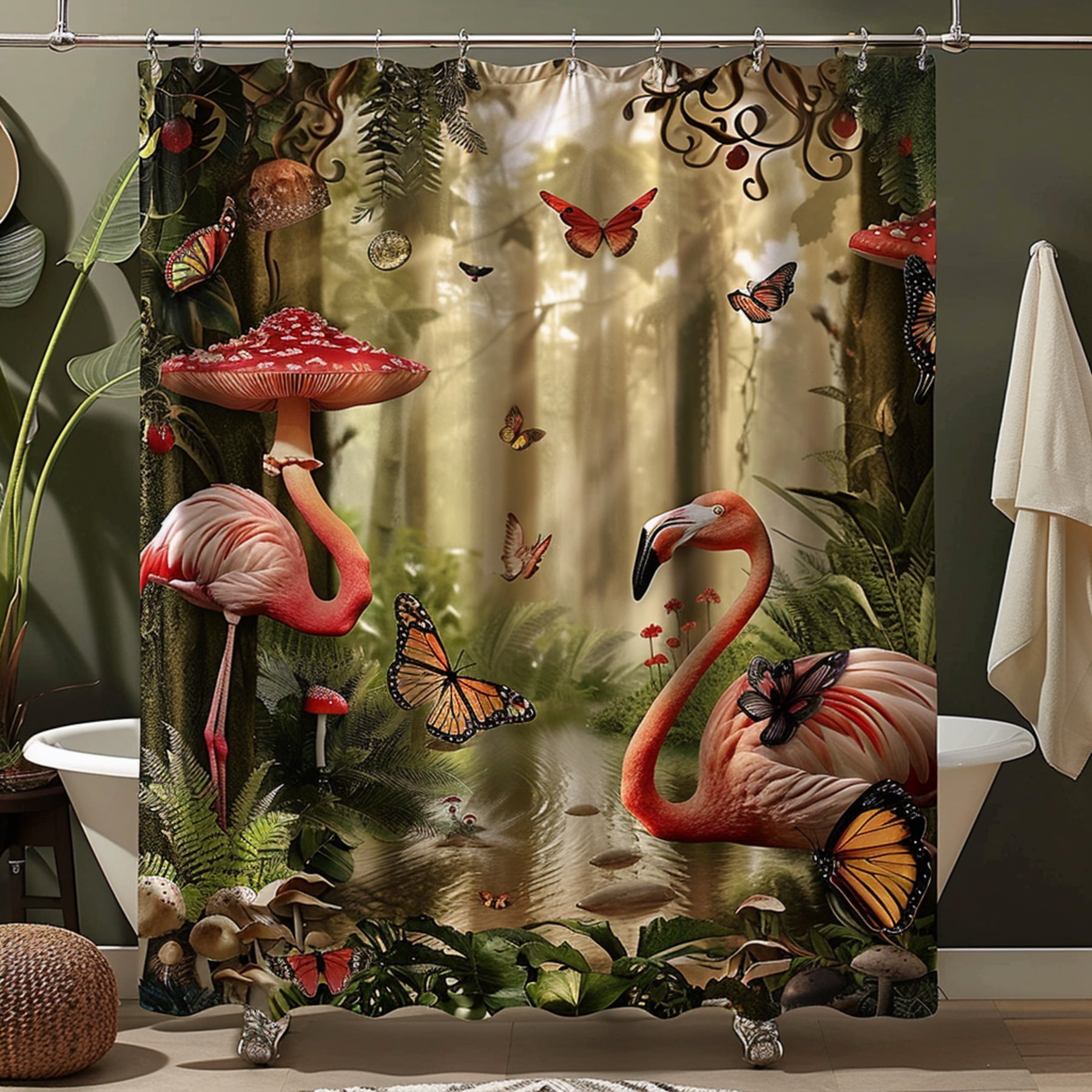 Vintage Style Forest Bathroom Curtain with Flamingos Mushrooms and Butterflies Shower Curtain ...