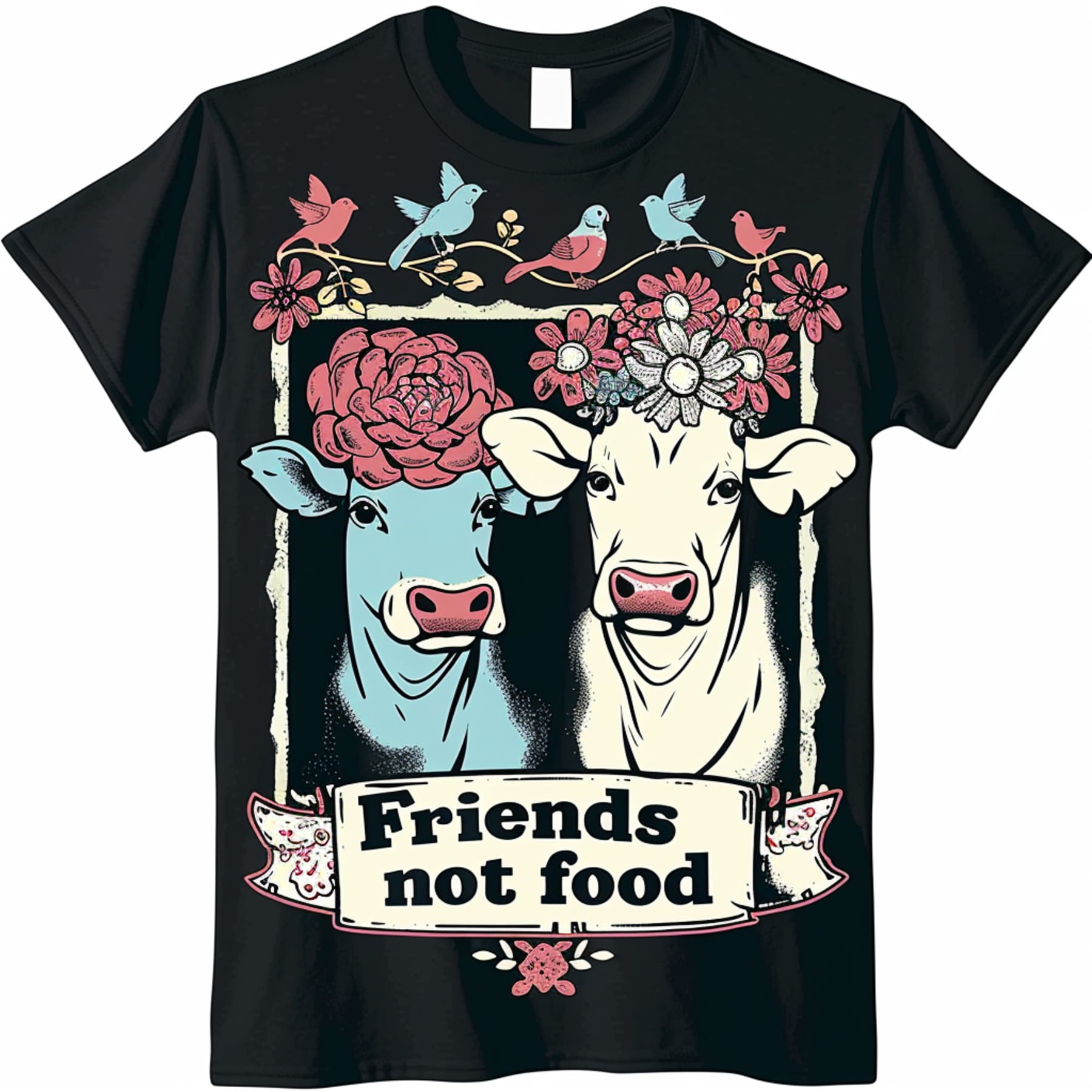 Vintage Style Friends Not Food Cow Illustration T Shirt Pastel Colors 