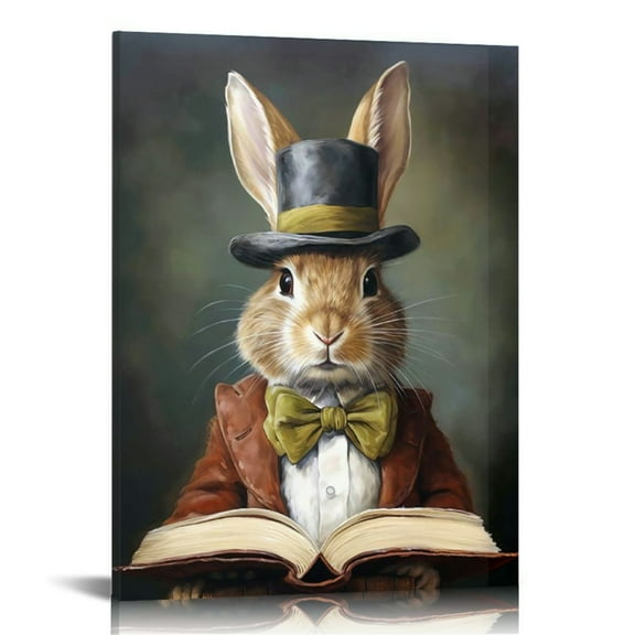Vintage-Style Funny Bunny Reading Book Art Print Whimsical Easter Rabbit in Top Hat & Bow Tie, Dark Academia Gothic Decor for Home, Office, or Coffee Shop, framed Canvas Wall Art, Coffee Shop Decor