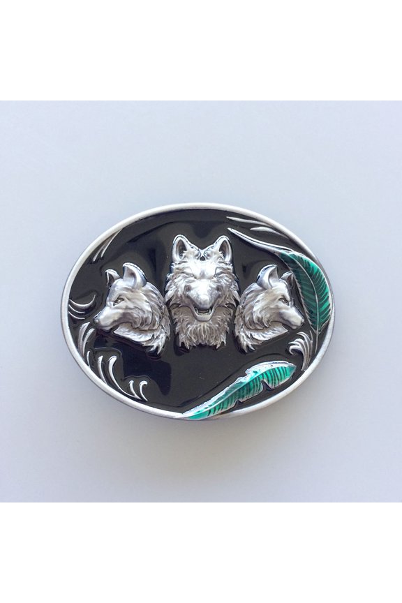 Vintage Style Green Leaf Western Wolves Enamel Oval Belt Buckle