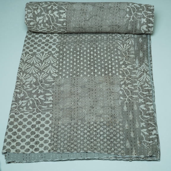 Vintage Style Grey Geometric Indian Kantha Quilt – Cotton Block Print Bedspread, Abstract Pattern Blanket for All Season Bedding