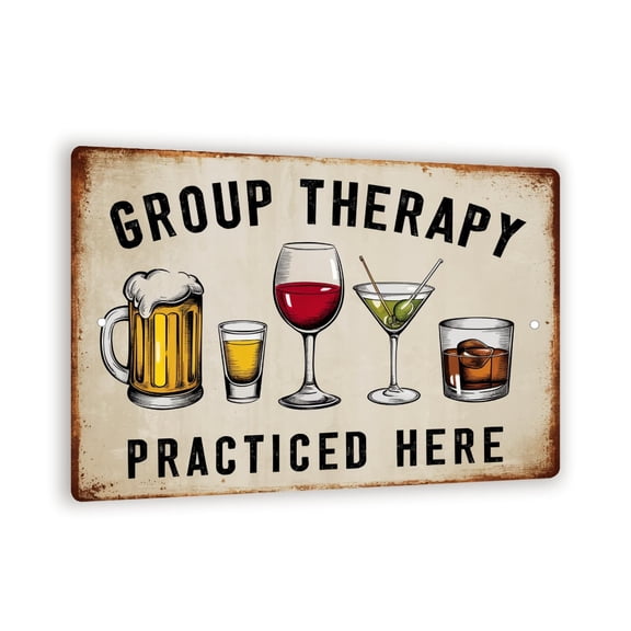 Vintage-Style "Group Therapy" Sign - Humorous 8" x 12" Wall Decor with Beverage Illustrations and Rustic Look