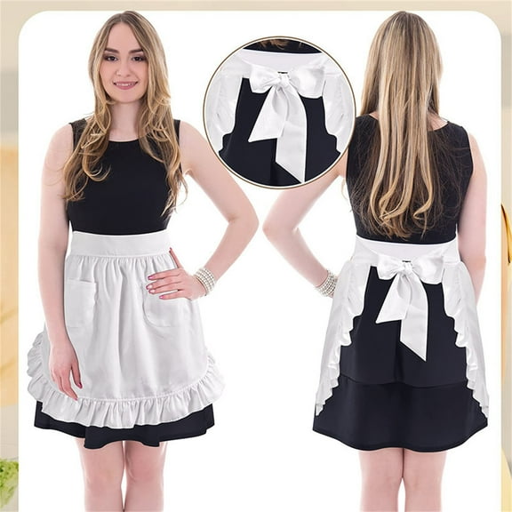 Vintage Style Half Apron with Ruffles and Pockets White Lace Trimmed Waist Apron for Cooking Baking Serving Cute Hostess Uniform Cafe Costume Party