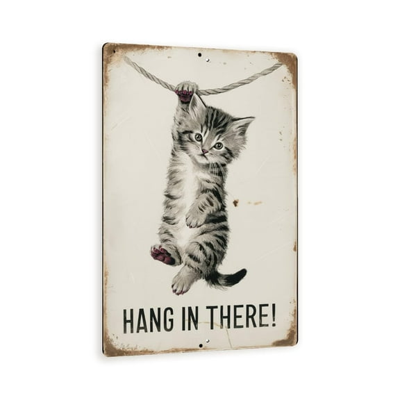 Vintage-Style "Hang In There!" Metal Sign- Cute Kitten Hanging from a Rope - Distressed Rustic Decor