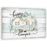 Vintage-Style "Happy Camper" Metal Sign - Pastel Blue And White Camper With Floral Decorations And Rustic Wooden Design Background 8x12