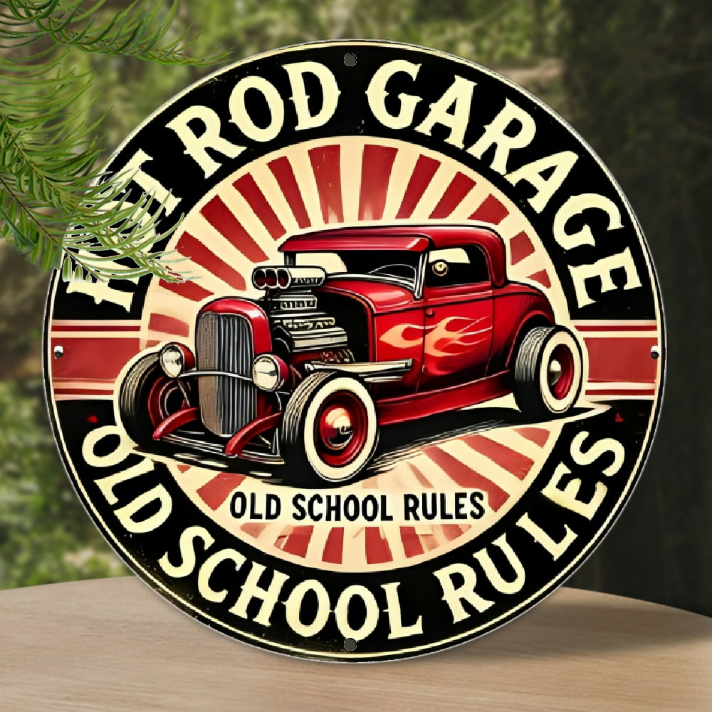 Vintage-Style Hot Rod Garage Metal Sign - 8x8 Inch Round, Premium ...