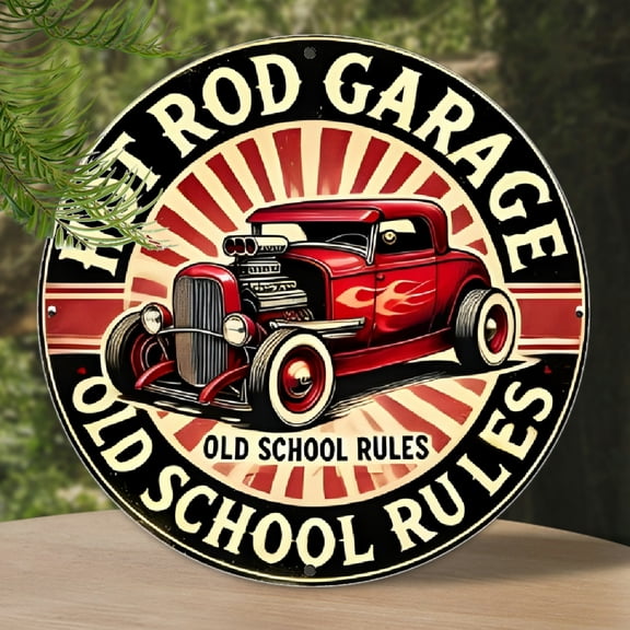 Vintage-Style Hot Rod Garage Metal Sign - 8x8 Inch Round, Premium Aluminum, Mechanic On Duty Decor