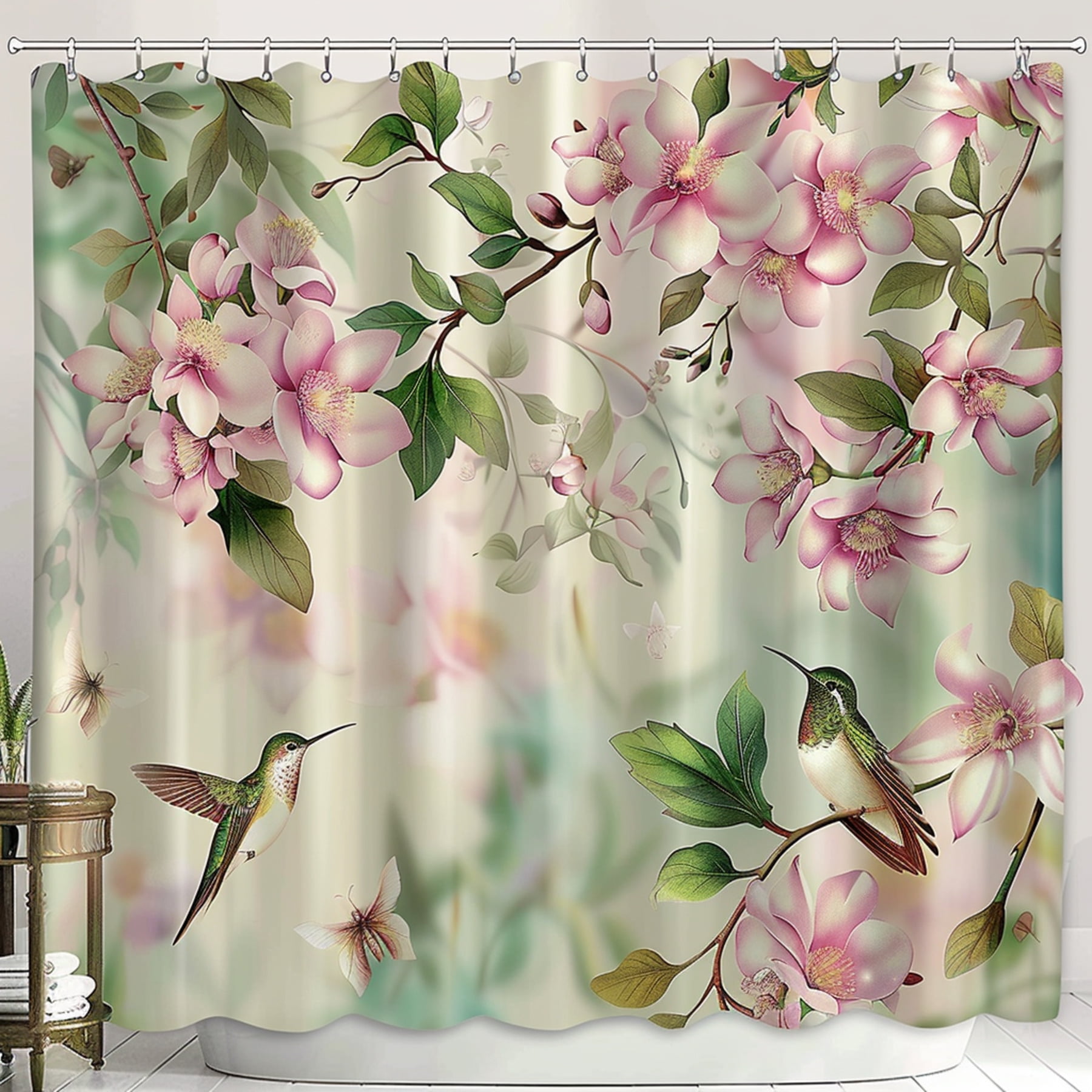 Vintage Style Hummingbirds and Pink Flowers Bathroom Curtain with ...