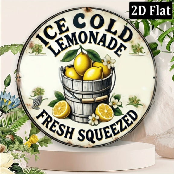 Vintage Style Ice Cold Lemonade Metal Sign, Aluminum Wall Decor 8*8inch - Summer Wreath Logo for Home, Restaurant, Bar, Cafe Decoration - Fresh Squeezed Lemon Theme, 1pc
